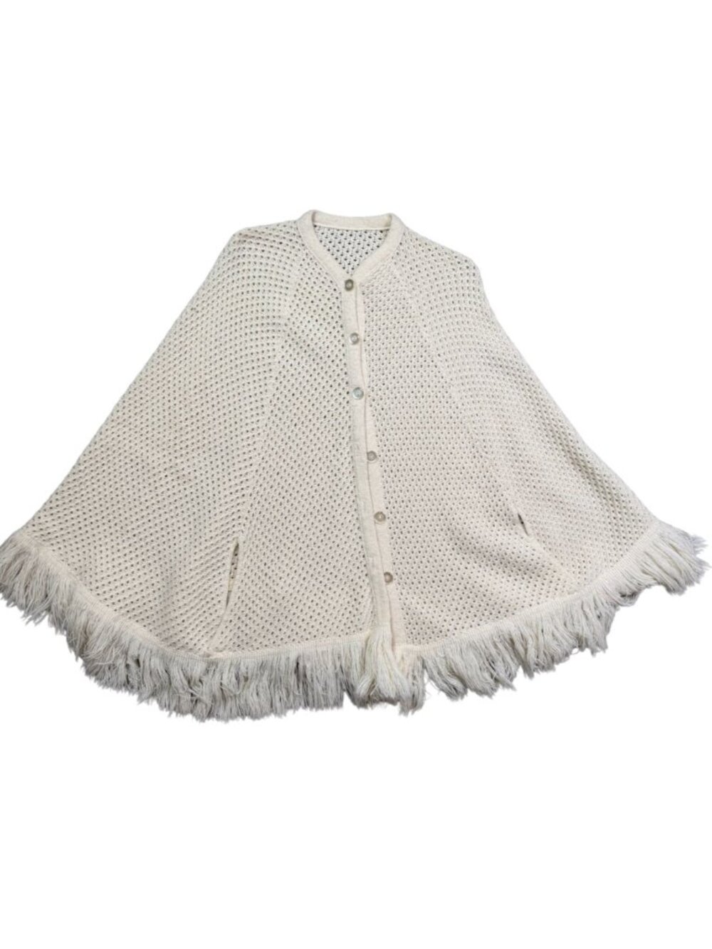Vintage Crochet Poncho Cape Fringe Ivory Boho Knit Button Front Festival